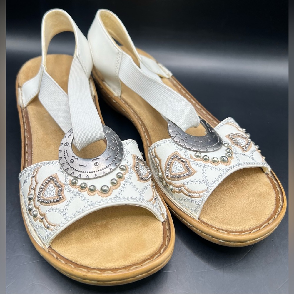 Rieker-‎ Regina White and Tan Sandals with Silver Accents, Size:36